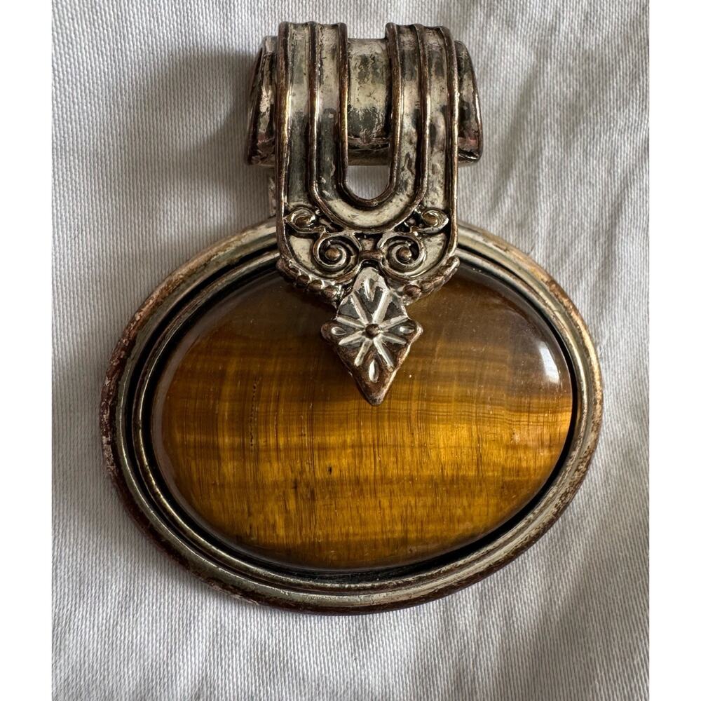 VTG Tiger’s Eye Pendant Sterling Silver Stamped “Best” Large Oval Natural Stone